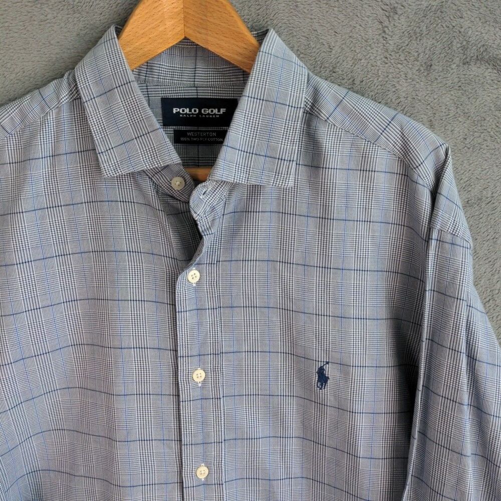 Polo Golf Ralph Lauren Dress Shirt Westerton Mens XL Blue Plaid Long Sleeve